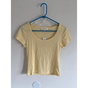 Pink Rose Womens Ribbed Scoop Neck Short Sleeve Top Pale Yellow Size L